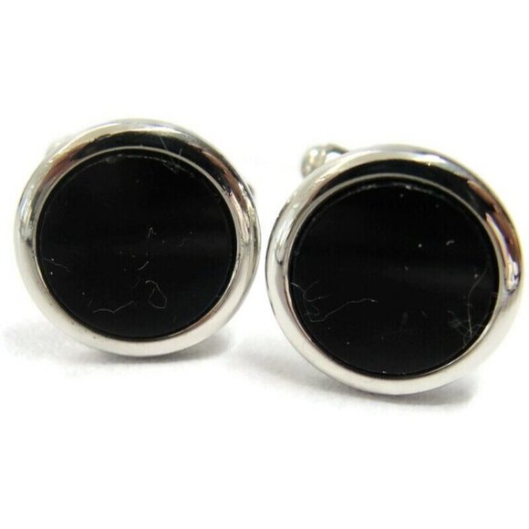 Silver Tone Black Round Cufflinks Wedding Tux Vintage - Picture 2 of 9